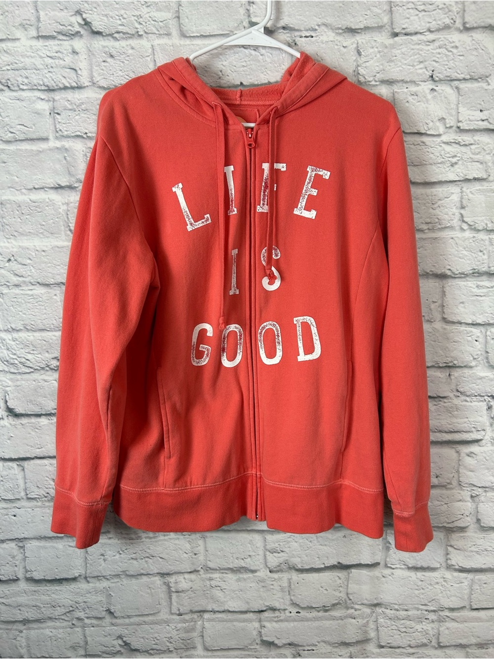 Life is Good Women’s Large Coral Full Zip Hoodie Spell Out Relaxed Fit